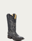 A2402 - WOMEN'S BLACK EMBROIDERY SNAKE INLAY SQUARE TOE COWBOY BOOT
