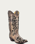 A3569 - WOMEN'S BLACK GLITTER INLAY FLORAL OVERLAY WITH CRYSTALS AND STUDS SNIP TOE BROWN COWBOY BOOT