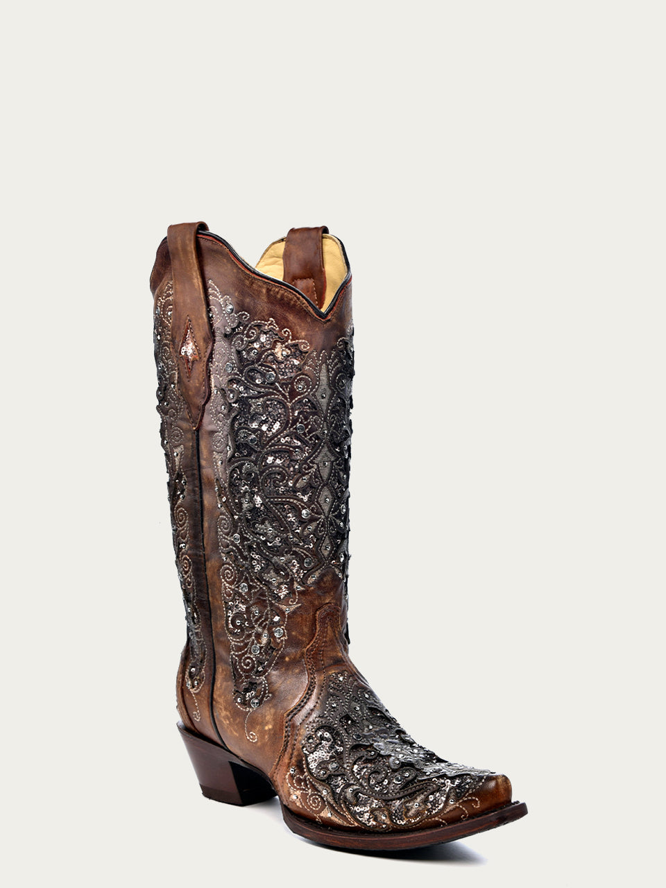 A3671A - WOMEN&#39;S BLACK GLITTER INLAY FLORAL OVERLAY WITH CRYSTALS AND STUDS SNIP TOE COGNAC COWBOY BOOT