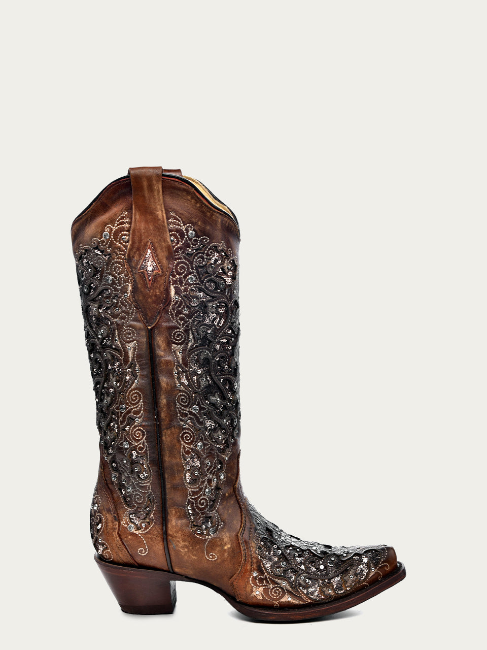 A3671A - WOMEN&#39;S BLACK GLITTER INLAY FLORAL OVERLAY WITH CRYSTALS AND STUDS SNIP TOE COGNAC COWBOY BOOT