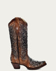 A3671A - WOMEN'S BLACK GLITTER INLAY FLORAL OVERLAY WITH CRYSTALS AND STUDS SNIP TOE COGNAC COWBOY BOOT