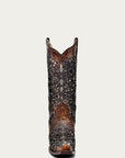A3671A - WOMEN'S BLACK GLITTER INLAY FLORAL OVERLAY WITH CRYSTALS AND STUDS SNIP TOE COGNAC COWBOY BOOT