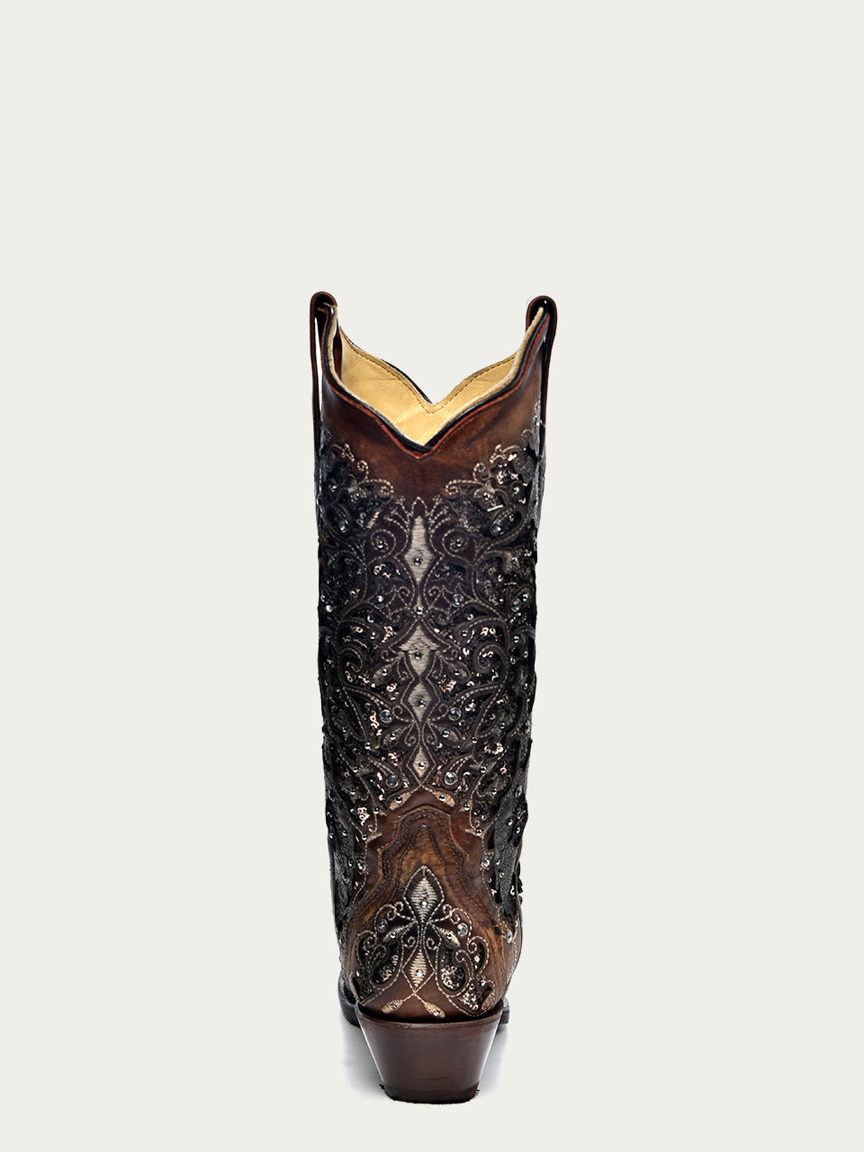 A3671A - WOMEN&#39;S BLACK GLITTER INLAY FLORAL OVERLAY WITH CRYSTALS AND STUDS SNIP TOE COGNAC COWBOY BOOT
