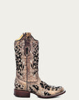 A3648 - WOMEN'S BLACK GLITTER INLAY FLORAL OVERLAY WITH CRYSTALS AND STUDS SQUARE TOE BROWN COWBOY BOOT