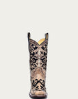 A3648 - WOMEN'S BLACK GLITTER INLAY FLORAL OVERLAY WITH CRYSTALS AND STUDS SQUARE TOE BROWN COWBOY BOOT