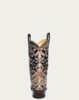 A3648 - WOMEN'S BLACK GLITTER INLAY FLORAL OVERLAY WITH CRYSTALS AND STUDS SQUARE TOE BROWN COWBOY BOOT