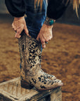 A3648 - WOMEN'S BLACK GLITTER INLAY FLORAL OVERLAY WITH CRYSTALS AND STUDS SQUARE TOE BROWN COWBOY BOOT