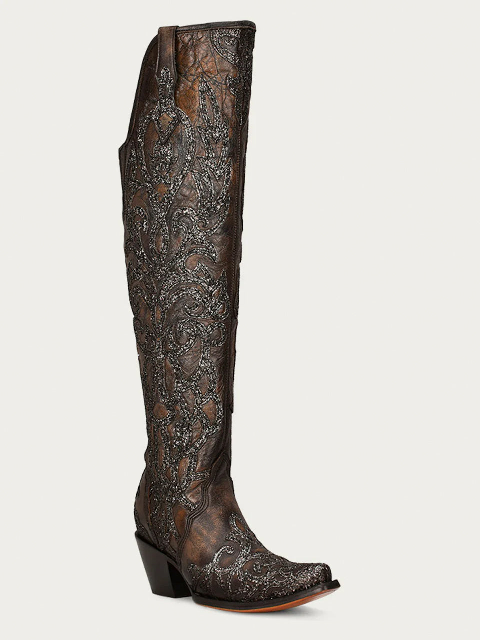 C3926 - WOMEN&#39;S BLACK GLITTER OVERLAY EMBROIDERY AND STUDS BROWN TALL TOP SNIP TOE COWBOY BOOT