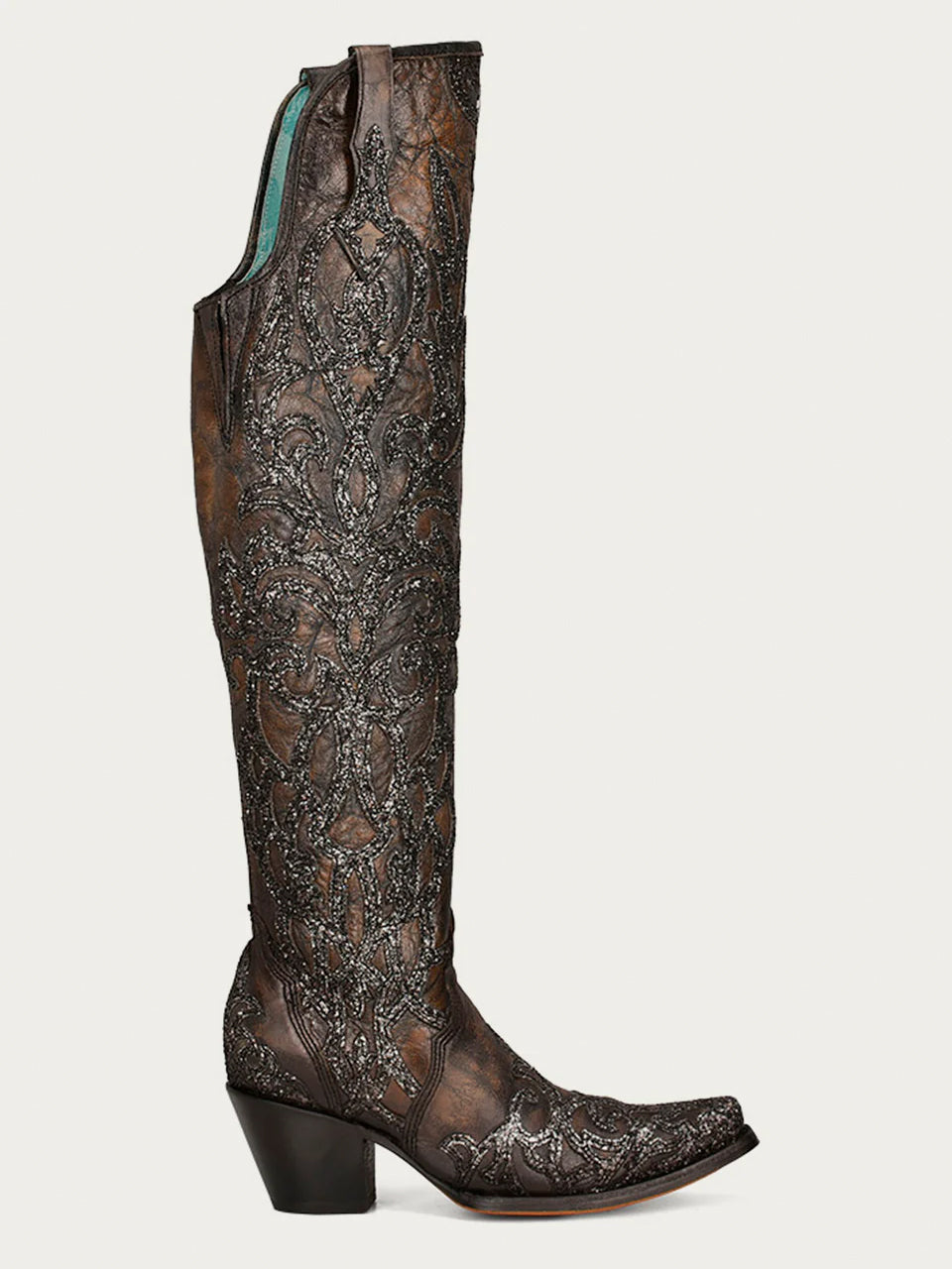 C3926 - WOMEN&#39;S BLACK GLITTER OVERLAY EMBROIDERY AND STUDS BROWN TALL TOP SNIP TOE COWBOY BOOT