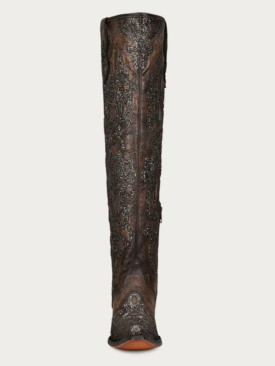 C3926 - WOMEN&#39;S BLACK GLITTER OVERLAY EMBROIDERY AND STUDS BROWN TALL TOP SNIP TOE COWBOY BOOT