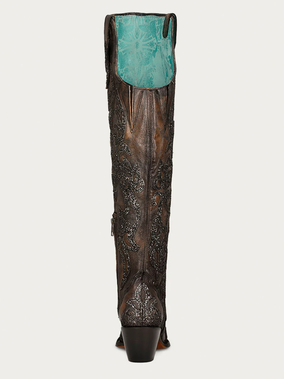 C3926 - WOMEN&#39;S BLACK GLITTER OVERLAY EMBROIDERY AND STUDS BROWN TALL TOP SNIP TOE COWBOY BOOT