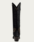C4134 - WOMEN'S EMBROIDERY AND STUDS BLACK METALIZED LEATHER FINISH TALL TOP POINTED TOE COWBOY BOOT WITH ZIPPER