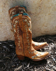 A4439 - WOMEN'S GLOW IN THE DARK FLORAL EMBROIDERY DISTRESS COGNAC SNIP TOE COWBOY BOOT