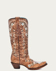 A4439 - WOMEN'S GLOW IN THE DARK FLORAL EMBROIDERY DISTRESS COGNAC SNIP TOE COWBOY BOOT