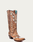 A4439 - WOMEN'S GLOW IN THE DARK FLORAL EMBROIDERY DISTRESS COGNAC SNIP TOE COWBOY BOOT