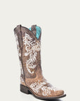 A4063 - WOMEN'S GLOW IN THE DARK WHITE FEATHERED FLORAL EMBROIDERY BROWN SQUARE TOE COWBOY BOOT