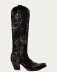 A4481 - WOMEN'S GOLD STAMPED FLORAL BLACK SUEDE SNIP TOE COWBOY BOOT