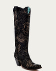 A4481 - WOMEN'S GOLD STAMPED FLORAL BLACK SUEDE SNIP TOE COWBOY BOOT