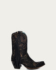 A4492 - WOMEN'S GOLD STAMPED FLORAL WITH FRINGE BLACK SUEDE NARROW SQUARE TOE ANKLE BOOT