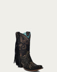 A4492 - WOMEN'S GOLD STAMPED FLORAL WITH FRINGE BLACK SUEDE NARROW SQUARE TOE ANKLE BOOT