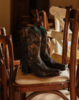A4492 - WOMEN'S GOLD STAMPED FLORAL WITH FRINGE BLACK SUEDE NARROW SQUARE TOE ANKLE BOOT