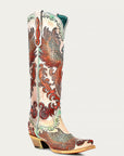 A4516 - WOMEN'S HAND PAINTED AND TOOLED FIRE PHOENIX WHITE TALL TOP SNIP TOE COWBOY BOOT
