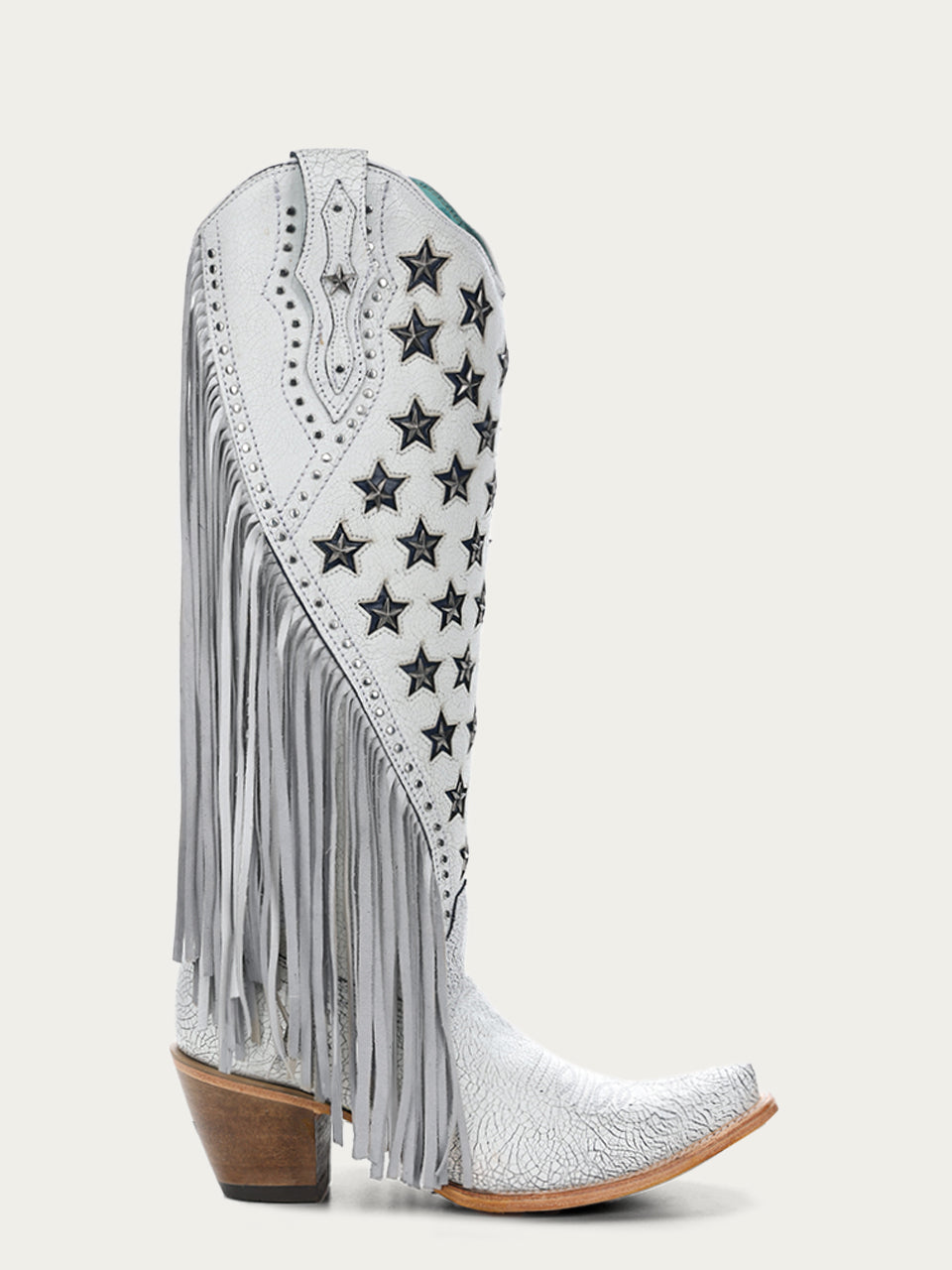 C4155 - WOMEN&#39;S LUMINESCENT EMBROIDERY AND STARS WITH LAMB FRINGE WHITE SNIP TOE COWBOY BOOT