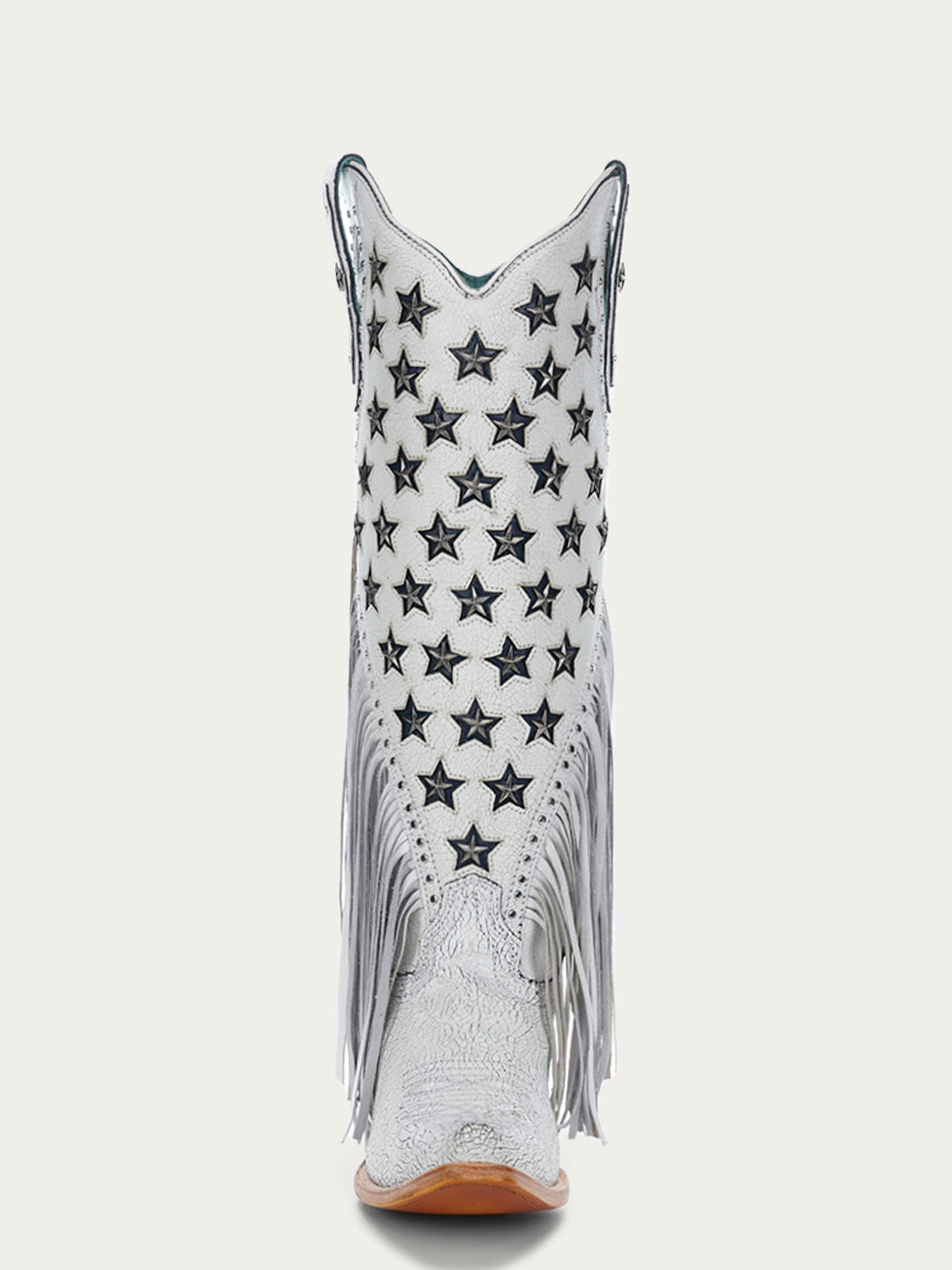 C4155 - WOMEN&#39;S LUMINESCENT EMBROIDERY AND STARS WITH LAMB FRINGE WHITE SNIP TOE COWBOY BOOT