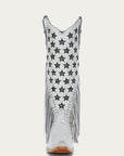 C4155 - WOMEN'S LUMINESCENT EMBROIDERY AND STARS WITH LAMB FRINGE WHITE SNIP TOE COWBOY BOOT