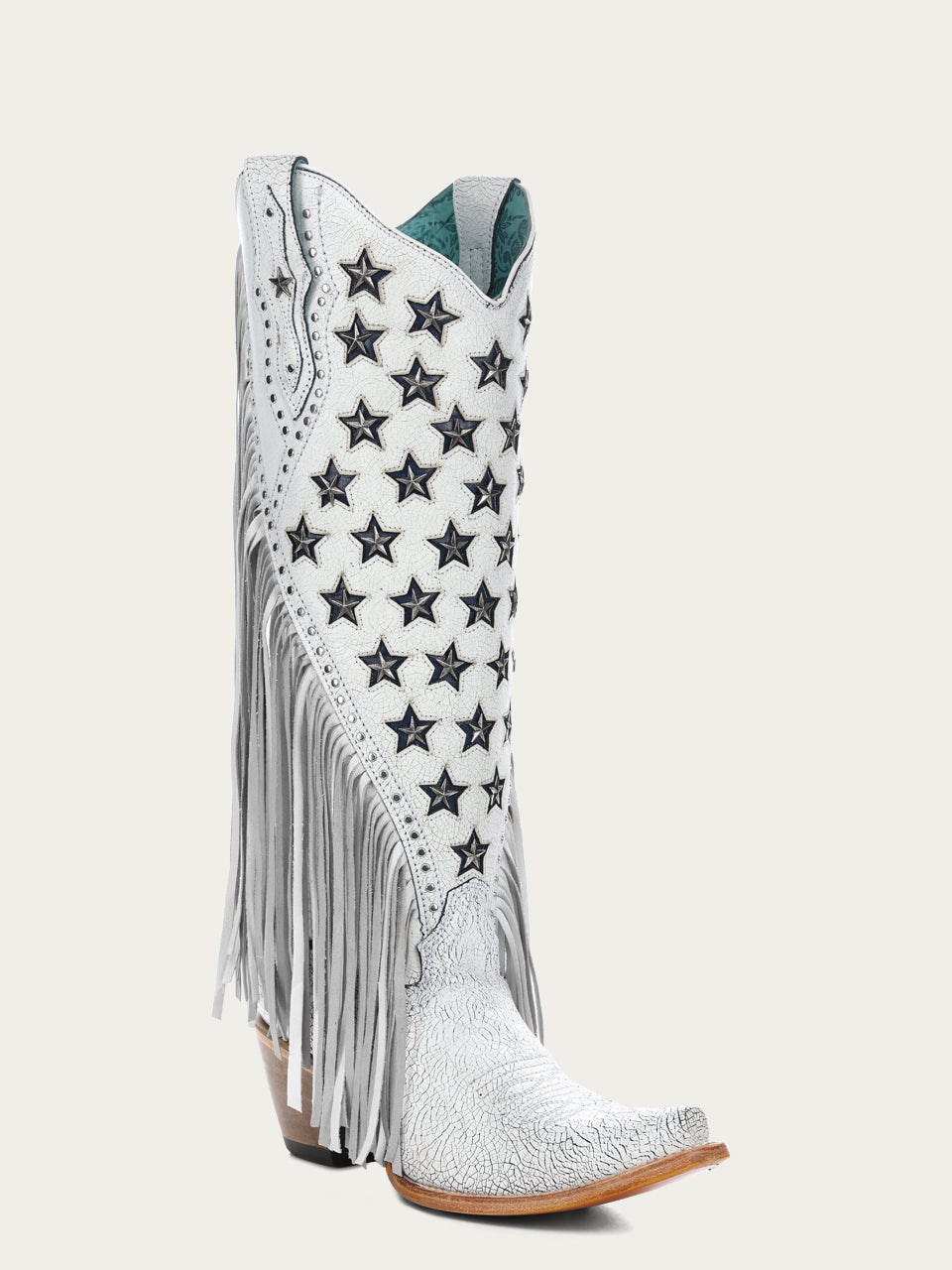 C4155 - WOMEN&#39;S LUMINESCENT EMBROIDERY AND STARS WITH LAMB FRINGE WHITE SNIP TOE COWBOY BOOT