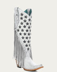 C4155 - WOMEN'S LUMINESCENT EMBROIDERY AND STARS WITH LAMB FRINGE WHITE SNIP TOE COWBOY BOOT