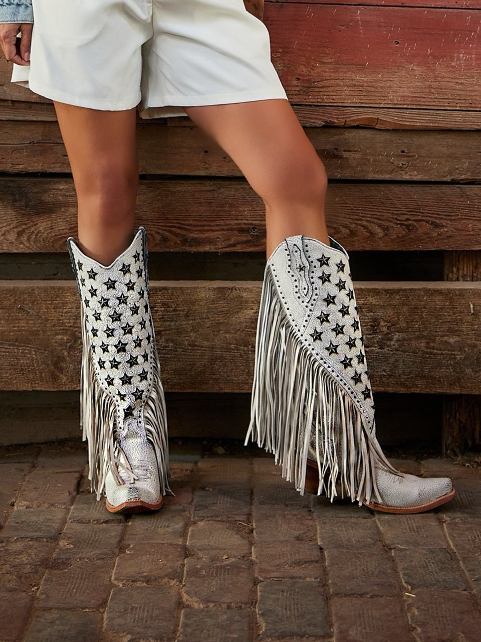 C4155 - WOMEN&#39;S LUMINESCENT EMBROIDERY AND STARS WITH LAMB FRINGE WHITE SNIP TOE COWBOY BOOT