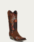 A3597 - WOMEN'S MULTICOLOR FLORAL EMBROIDERY CHOCOLATE LAMB SNIP TOE COWBOY BOOT