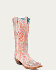 C3980 - WOMEN'S MULTICOLOR FLUORESCENT NEON ORANGE EMBROIDERY AND CRYSTALS WHITE SNIP TOE COWBOY BOOT