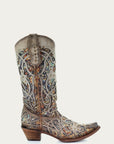 C3409 - WOMEN'S MULTICOLOR GLITTERED INLAY AND STUDS TAUPE SNIP TOE COWBOY BOOT