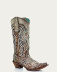 C3409 - WOMEN'S MULTICOLOR GLITTERED INLAY AND STUDS TAUPE SNIP TOE COWBOY BOOT