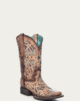 C3405 - WOMEN'S MULTICOLOR GLITTERED INLAY BONE COLOR SQUARE TOE COWBOY BOOT
