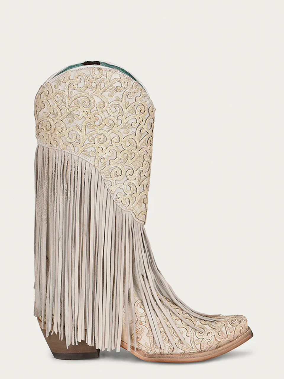 C3955 - WOMEN&#39;S OVERLAY EMBROIDERY LAMB FRINGE WHITE SNIP TOE COWBOY BOOT