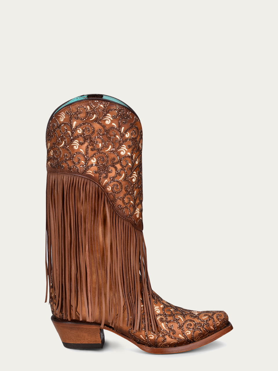 C3876 - WOMEN&#39;S OVERLAY WHITE EMBROIDERY LAMB FRINGE HONEY SNIP TOE COWBOY BOOT