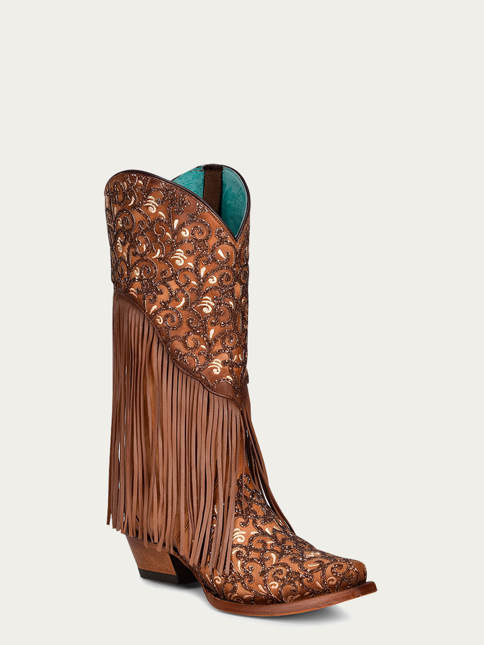 C3876 - WOMEN&#39;S OVERLAY WHITE EMBROIDERY LAMB FRINGE HONEY SNIP TOE COWBOY BOOT