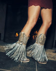 A4514 - WOMEN'S SILVER-GOLD FINISH WITH CRYSTAL FRINGE, HARNESS AND STUDS SNIP TOE COWBOY BOOT