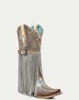 A4514 - WOMEN'S SILVER-GOLD FINISH WITH CRYSTAL FRINGE, HARNESS AND STUDS SNIP TOE COWBOY BOOT
