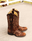 A3326 - WOMEN'S TAN INLAY EMBROIDERY AND STUDS BROWN SQUARE TOE COWBOY BOOT
