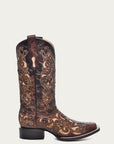A3326 - WOMEN'S TAN INLAY EMBROIDERY AND STUDS BROWN SQUARE TOE COWBOY BOOT