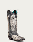 A4232 - WOMEN'S WHITE CROSS AND WINGS OVERLAY AND STUDS WORN FINISH BLACK SNIP TOE COWBOY BOOT