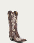 A3572 - WOMEN'S WHITE FLORAL EMBROIDERY AND CRYSTALS BROWN COWBOY BOOT