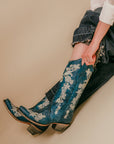 A4361 - WOMEN'S WHITE FLORAL EMBROIDERY WITH CRYSTALS NAVY BLUE SNIP TOE COWBOY BOOT