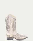 A3397 - WOMEN'S WHITE GLITTERED INLAY AND CRYSTALS SQUARE TOE WEDDING COWBOY BOOT