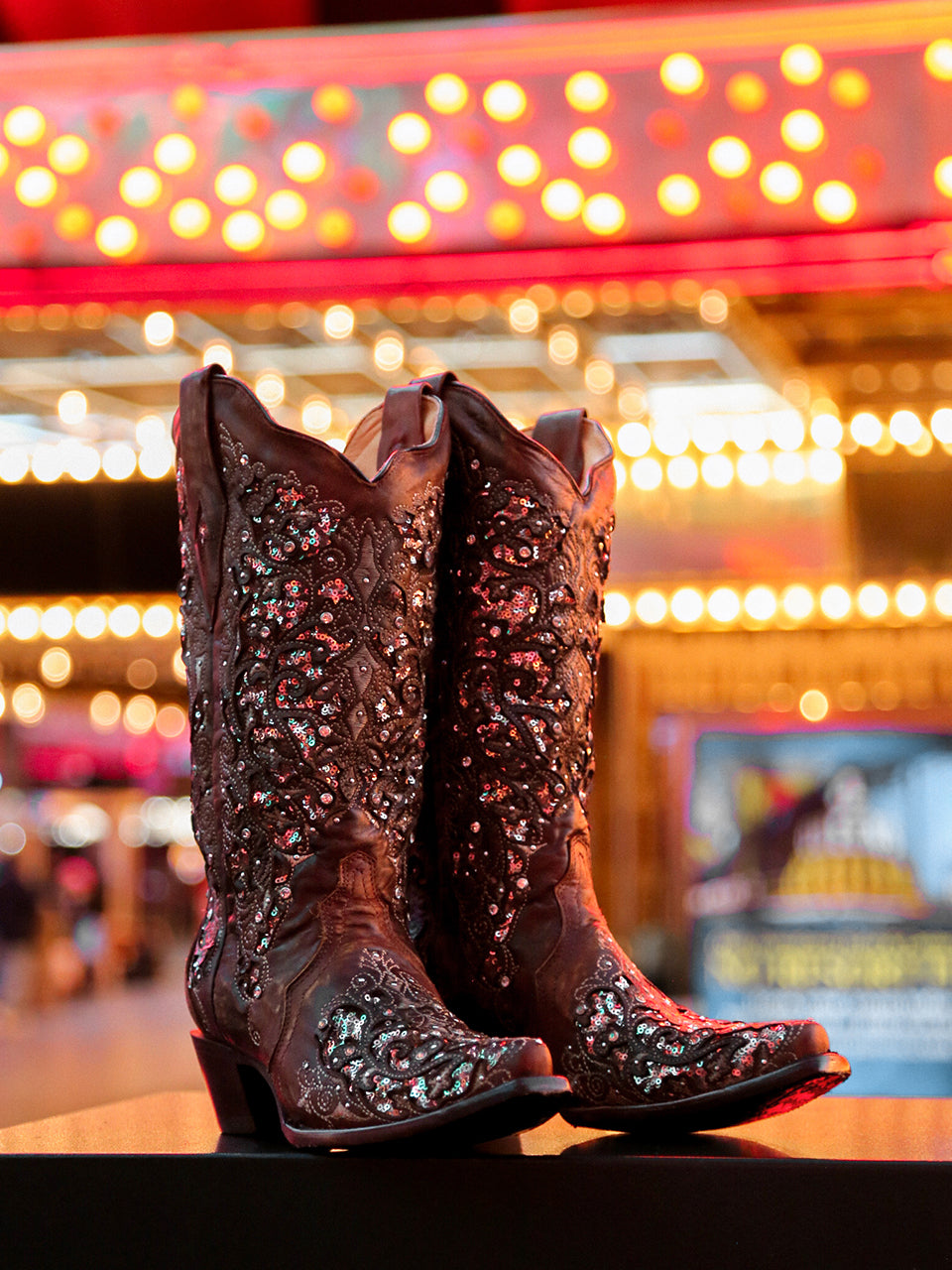 A3671A - WOMEN&#39;S BLACK GLITTER INLAY FLORAL OVERLAY WITH CRYSTALS AND STUDS SNIP TOE COGNAC COWBOY BOOT