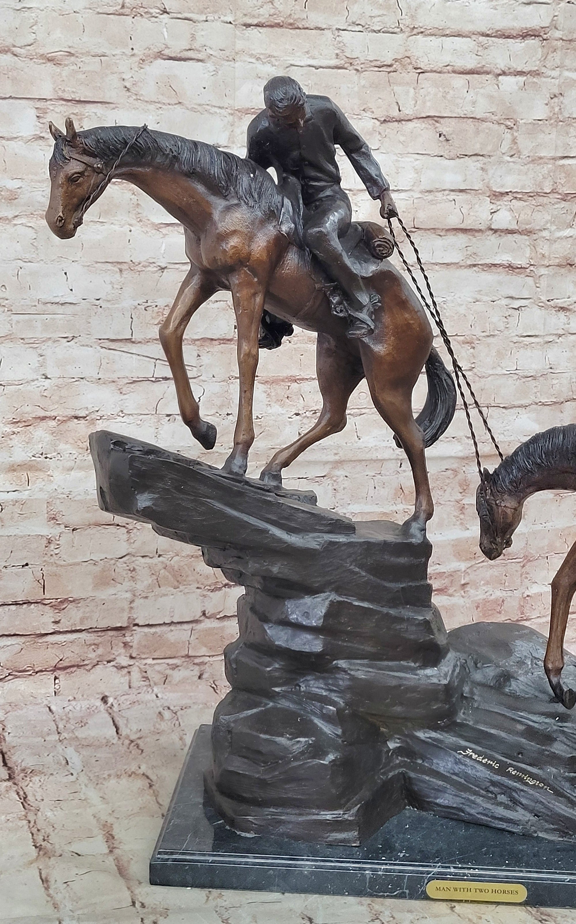 Frederic Remington Cowboy &amp; Two Horses Western Bronze Statue Sculpture 26&quot; x 28&quot;